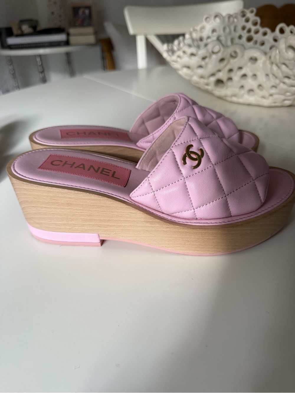 CHANEL Quilted Pink Leather Platform Slide Mules with Gold CC, Worn once